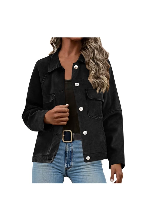 Womens Cropped Shackets Faux Suede Button Down Jackets Dressy Long Sleeve Coat