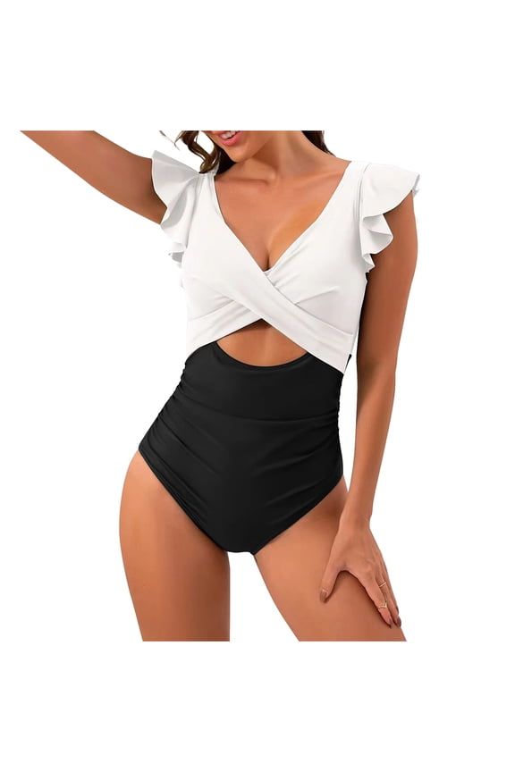 Womens Cutout One Piece Swimsuits Wrap V Neck Ruffle Swimsuit Tummy Control High Waisted Swimsuit Slimming Bathing Suit