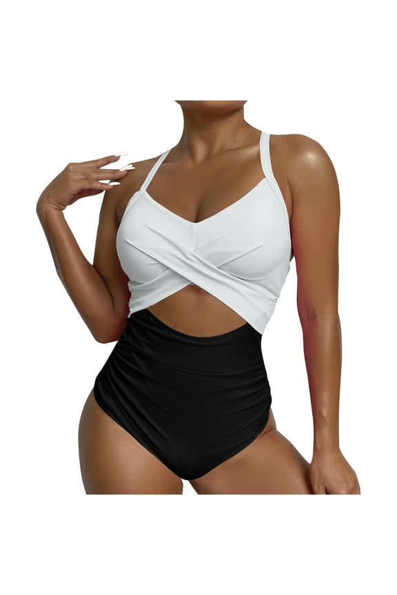Womens Cutout One Piece Swimsuits Wrap V Neck Ruffle Swimsuit Tummy Control High Waisted Swimsuit Slimming Bathing Suit