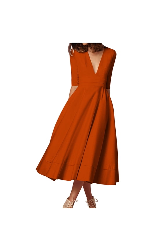 Womens Deep V Neck Prom Dresses Dressy Half Sleeve A-Line Long Dress Flowy Solid Business Party Dress