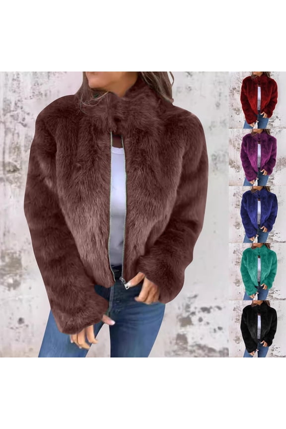 Womens Faux Fur Jackets Trendy Mock Neck Zip Up Jackets Soft Fleece Long Sleeve Coat Dressy Winter Fuzzy Cropped Jacket