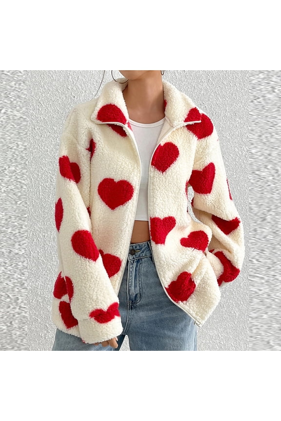 Womens Fleece Jacket Cute Love Heart Graphic Sherpa Coat Soft Full Zip Long Sleeve Winter Coat