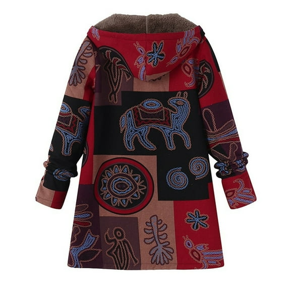 Hvyesh Womens Fleece Jacket Western Aztec Print Long Sleeve Button Down Shacket Jackets Plus Size Fleece-Line Hooded Sweater Jacket with Pockets Red,2XL