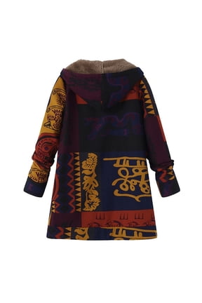 Womens Fleece Jacket Western Aztec Print Long Sleeve Button Down Shacket Jackets Plus Size Fleece-Line Hooded Sweater Jacket with Pockets