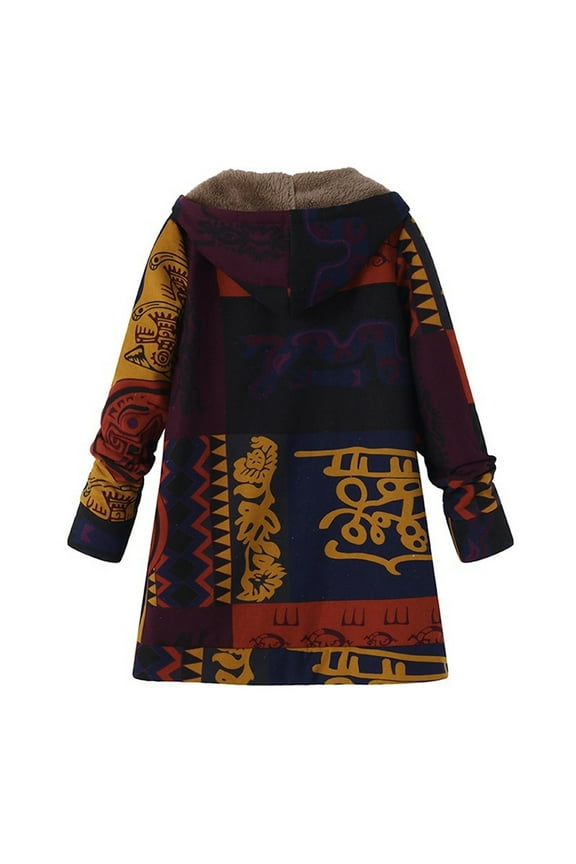 Womens Fleece Jacket Western Aztec Print Long Sleeve Button Down Shacket Jackets Plus Size Fleece-Line Hooded Sweater Jacket with Pockets