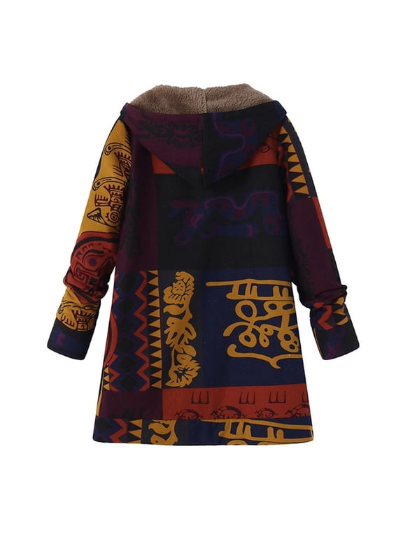 Womens Fleece Jacket Western Aztec Print Long Sleeve Button Down Shacket Jackets Plus Size Fleece-Line Hooded Sweater Jacket with Pockets