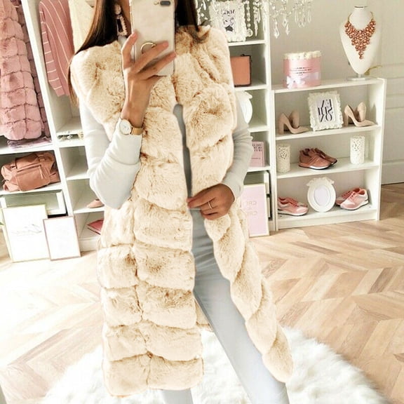 Hvyesh Womens Fleece Long Vest Jacket Warm Faux Furs Sleeveless Waistcoat Trendy Fleece Linen Thermal Outerwear Coats Soft Solid Long Veats