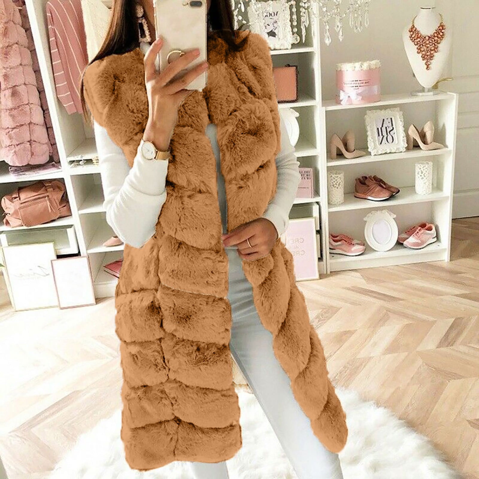 Hvyesh Womens Fleece Long Vest Jacket Warm Faux Furs Sleeveless