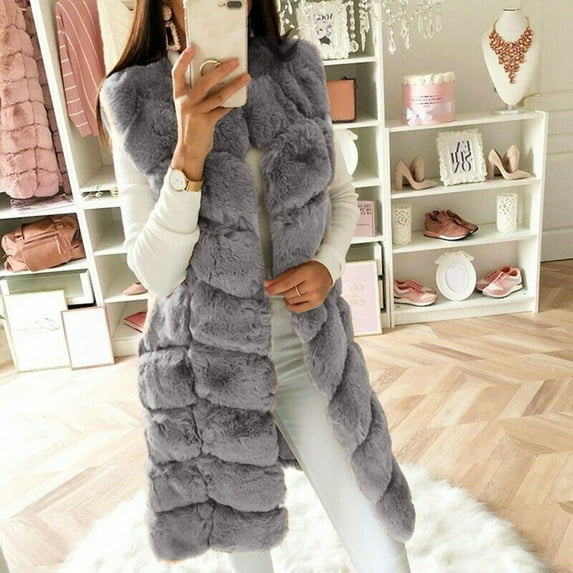 Hvyesh Womens Fleece Long Vest Jacket Warm Faux Furs Sleeveless Waistcoat Trendy Fleece Linen Thermal Outerwear Coats Soft Solid Long Veats