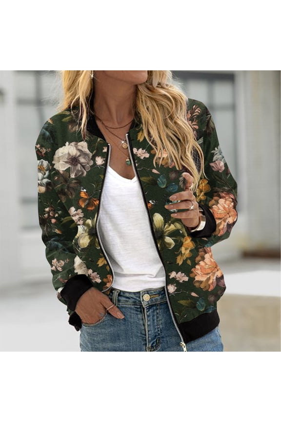 Womens Full Zip Bomber Jackets Trendy Floral Print Jackets Regular Fit Long Sleeve Moto Biker Coats with Pockets Black