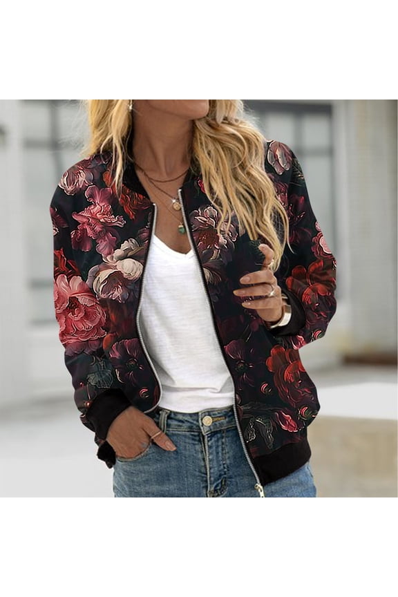 Womens Full Zip Bomber Jackets Trendy Floral Print Jackets Regular Fit Long Sleeve Moto Biker Coats with Pockets Black
