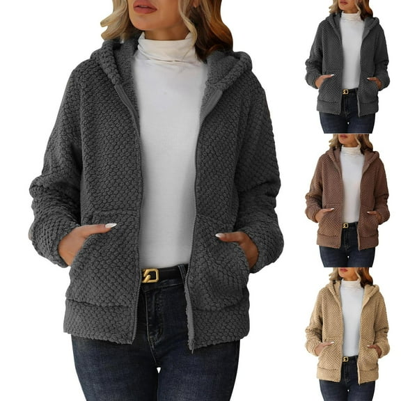 Hvyesh Womens Fuzzy Fleece Jacket Fall Winter Faux Fur Coat Sherpa Hooded Jackets Zip Up Fuzzy Outerwear with Pockets