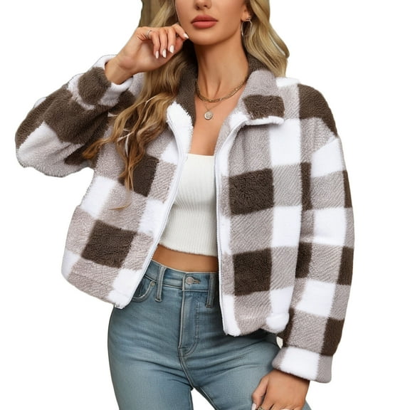 Hvyesh Womens Fuzzy Plush Crooped Coat Trendy Plaid Fleece Fuzzy Jackets Long Sleeve Lapel Short Jaclets Outerwear Fall Winter Coats