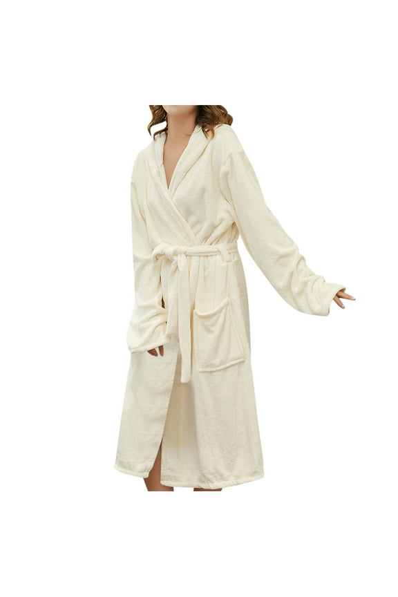 Womens Fuzzy Plush Long Hooded Bathrobe Mid Length Terry Cloth Robes Couple Soft Home Pajamas Comfy Sleepwear Pajamas