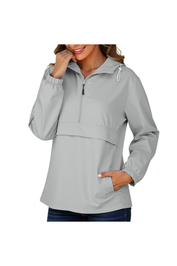 Womens Half Zip Waterproof Raincoat Lightweight Solid Drawsting Rain Jacket Running Cycling Hiking Windbreaker Pullover Jackets