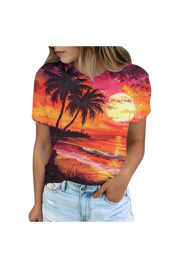 Womens Hawaiian Shirt Palm Trees Beach Graphic Tee Tops Summer Vacation Short Sleeve Tshirt Tops Casual Round Neck Blouses