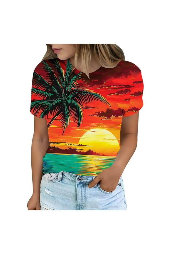 Womens Hawaiian Shirt Palm Trees Beach Graphic Tee Tops Summer Vacation Short Sleeve Tshirt Tops Casual Round Neck Blouses