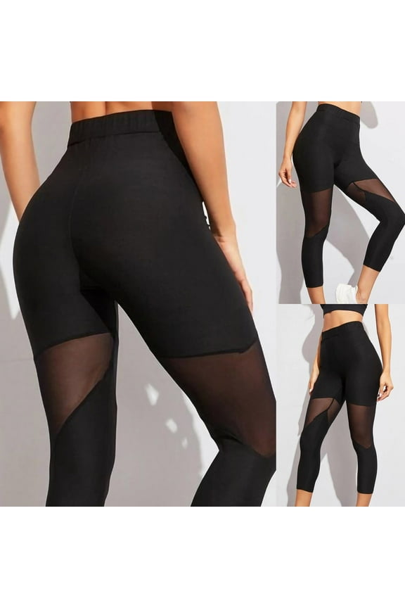 Womens High Waist Yoga Pants Stretchy Mesh Insert Workout Leggings Tummy Control Yoga Tights