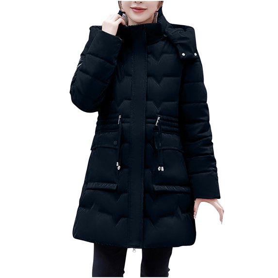Hvyesh Womens Hooded Jacket Winter Thicken Puffer Coat Warm Long Sleeve Baggy Mid-Long Coats Zipper Up Quilted Jacket with Pockets