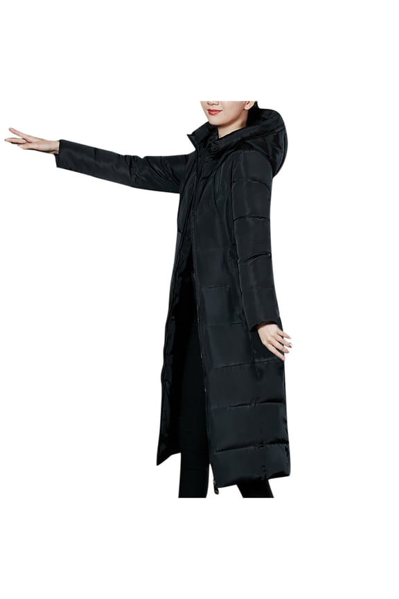 Womens Hooded Long Puffer Coat Warm Long Sleeve Zipper Up Jackets Ladies Winter Padded Coat with Pockets