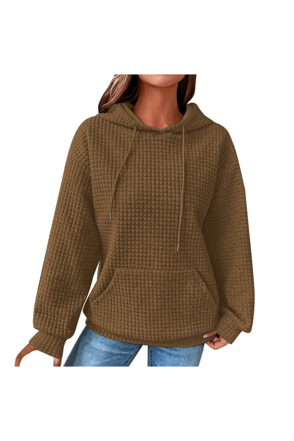 Waffle Sweatshirt Women Casual Long Sleeve Hoodies with Pocket Oversized Teen Girls Sweatshirts with Drawstrings Solid Pullovers Hoodies Sweatshirt