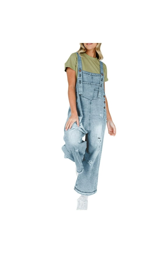 Womens Jean Rompers Loose Fit Adjustable Strap Denim Bib Overalls Jeans Distressed Ripped Wide Leg Baggy Overall Jumpsuit