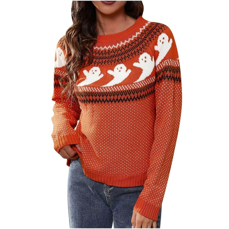 Hvyesh Womens Knit Halloween Sweater Vintage Pattern Long Sleeve Pullovers Tops 2024 Fall Fashion Crew Neck Sweaters Walmart Clearance Sale Promotion Walmart
