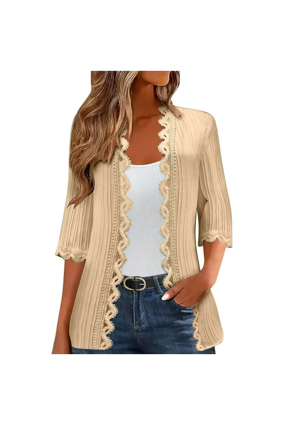 Womens Lace Cardigan Lightweight 3/4 Sleeve Open Front Tops Coat Boho Solid Color Lace Cardigans