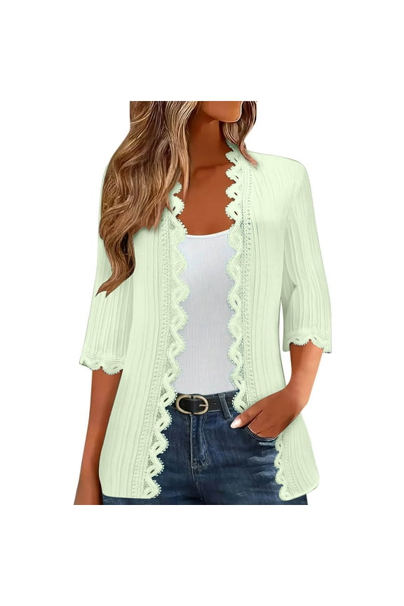 Womens Lace Cardigan Lightweight 3/4 Sleeve Open Front Tops Coat Boho Solid Color Lace Cardigans