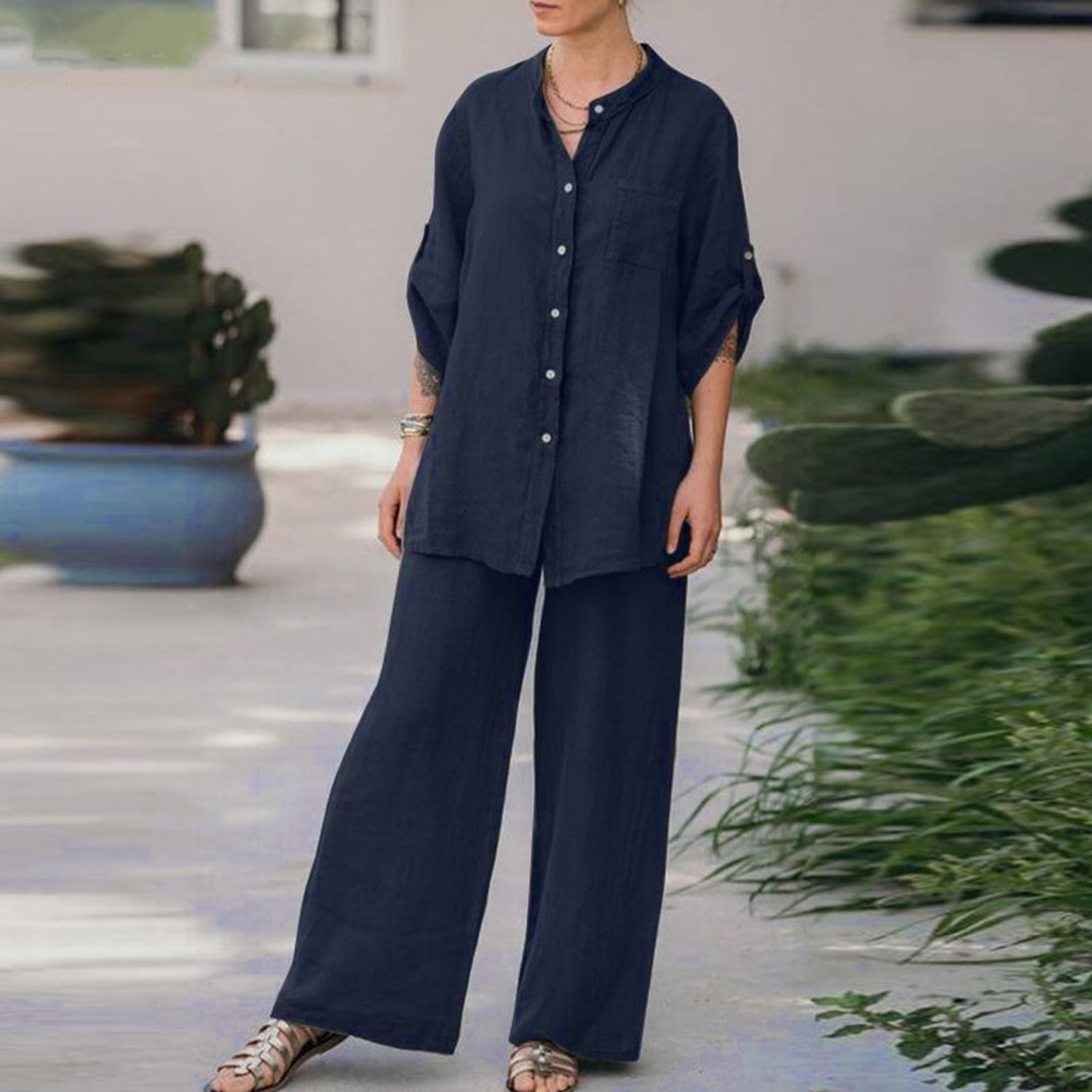 Hvyesh Womens Linen 2 Piece Set Plus Size Outfits Two Piece Matching — free download