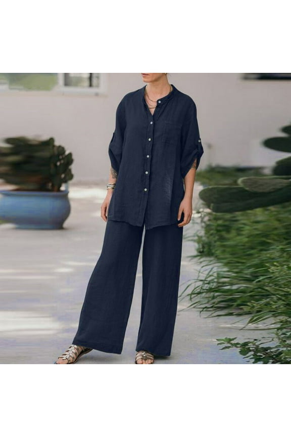 Womens Linen 2 Piece Set Plus Size Outfits Two Piece Matching Wide Leg Pants Sets 2025 Loungwear Outfit