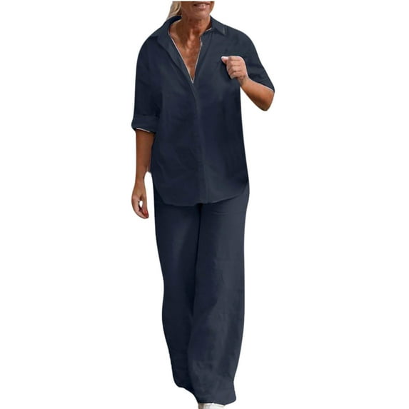 Hvyesh Womens Linen Sets 2 Piece Outfits Clearance Casual V Neck Long Sleeve Shirts Loose Long Pants Sets 2023 Fall Lapel Tops with high waist wide pants Set