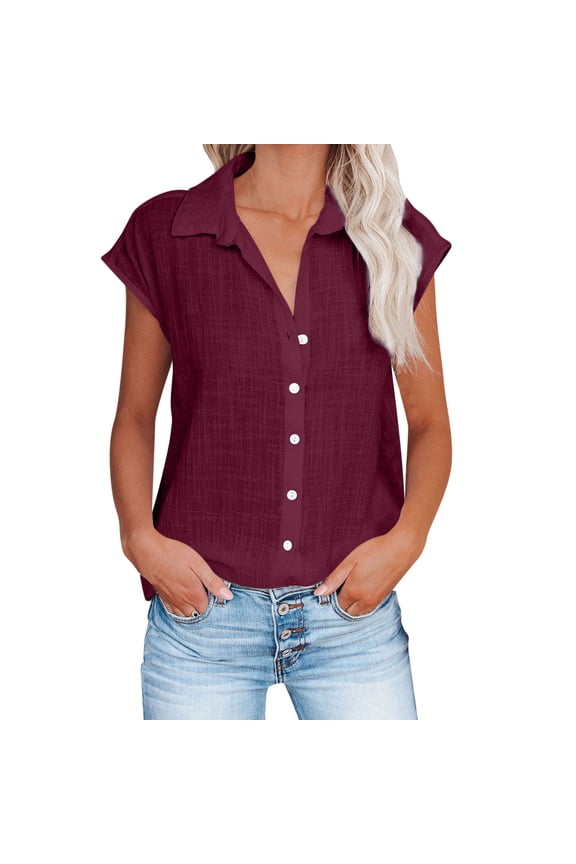 Womens Linen Tops Cap Sleeve Button Down Shirt Gauze Linen Shirt Casual Loose Fit Work Blouses Summer Tops for Women 2026