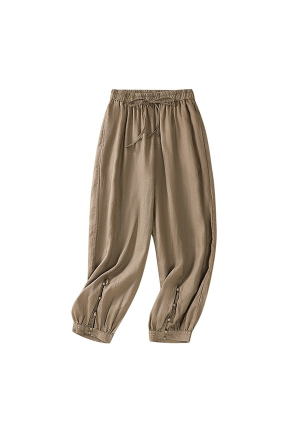 Womens Linen Wide Leg Pants Casual Loose Drawstring High Waist Beach Palazzo Harem Pants with Pockets