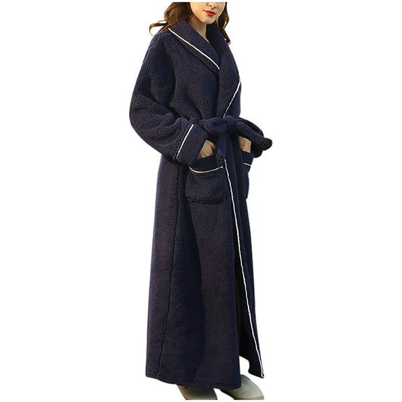 Hvyesh Flannel Long Bathrobe for Women Dressy Long Sleeve Shawl Collar Sleepwear Bathrobes Baggy Full Length Housecoat Pajamas Winter Warm House Robe