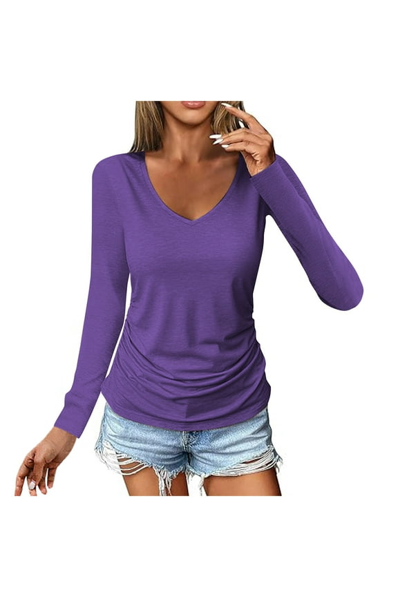 Womens Long Sleeve Shirts Basic Tee Shirt Slim Fit V Neck Tunic Tops Undershirt Underwear
