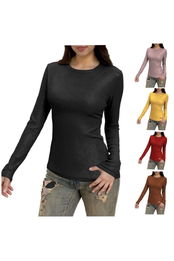 Womens Long Sleeve Shirts Ribbed Knit Solid Color Tight Tops Crewneck Thermal Undershirt Soft Layering Tees