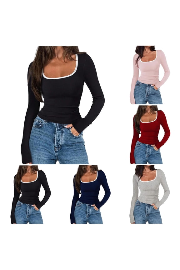 Womens Long Sleeve Tops Square Neck Ribbed Knit Color Block Shirts Slim Fit Y2K Going Out Undershirt