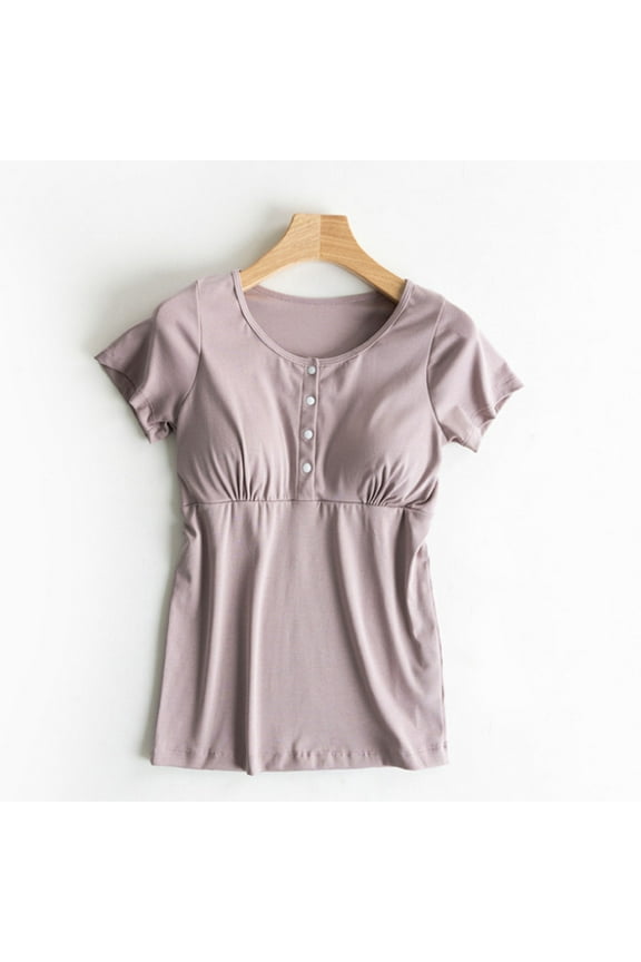 Womens Maternity Nursing Tops Comfy Short Sleeve Breastfeeding Shirts Summer Snap Button Tee Postpartum T-Shirts Pregnancy Clothes M-2XL