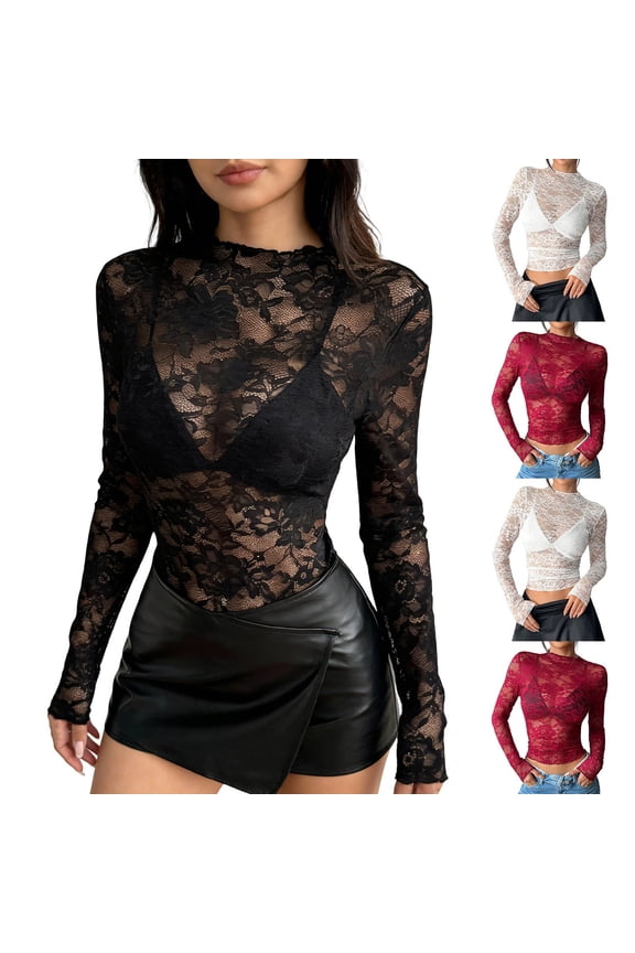 Womens Mesh Long Sleeve Top Slim Fit See Through Tee Shirt Lace Y2K Club Party Night Out Tops