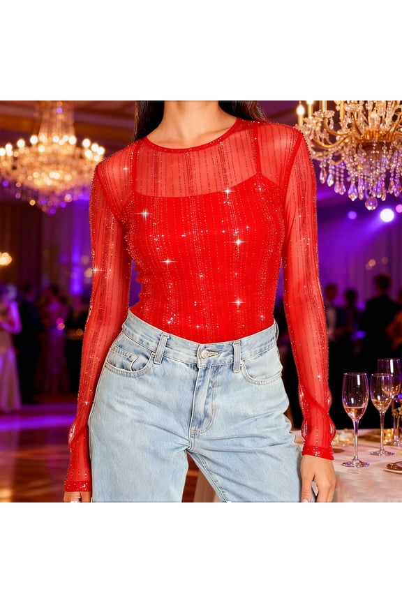 Womens Mesh Tops Lace Long Sleeve Crew Neck Shirts Dressy See Through Blouses Tee Party Club Night Clothings