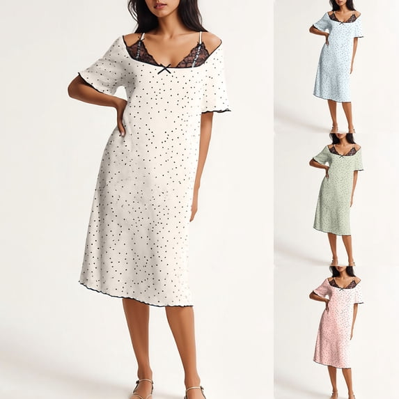 Hvyesh Womens Nightgown Cute Print Sleepwear Lace Chemise Night Gown V Neck Sleepdress Loose Fit NightShirts