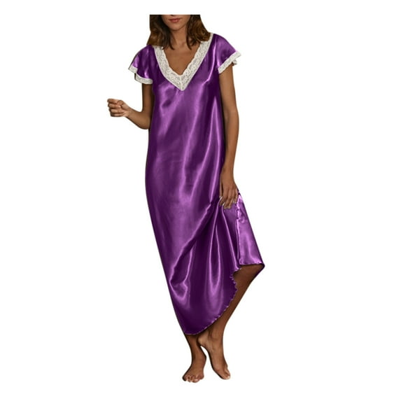 Hvyesh Womens Nightgown Long Satin Nightshirt Lace Short Sleeve Full Length Sleepshirts Plus Size V Neck Nightdress Sleep Shirt Purple L