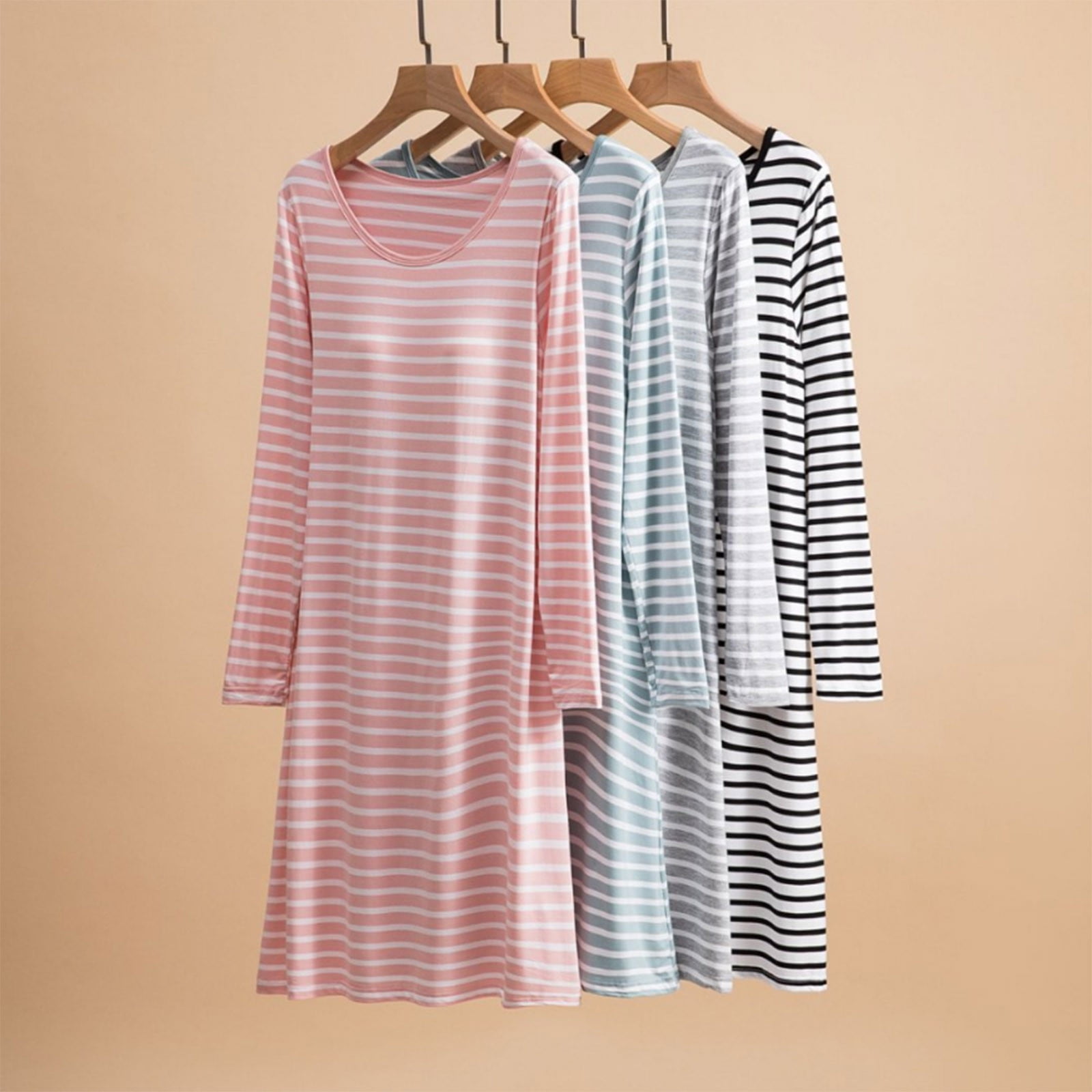 Hvyesh Womens Nightgowns Cozy Stripe Night Dress Solid Sleep Dress ...