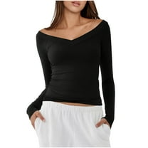 Hvyesh Womens Off The Shoulder Shirts Slim Fit Long Sleeve Stretch T-Shirt Trendy Casual Y2K Tops Streetwear