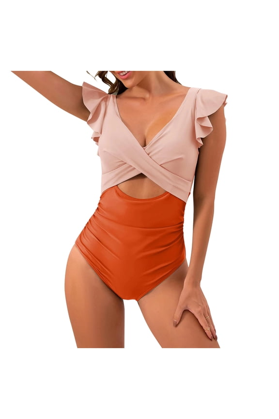 Womens One Piece Swimsuit Cutout Tummy Control High Cut V Neck Bathing Suits Swimwear Summer High Waist Color Block Swim Suit