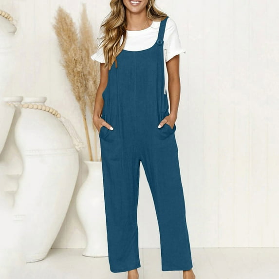 Hvyesh Womens Overalls Wide Leg Jumpsuits,Plus Size Linen Bib Overalls Summer Rompers Jumpers Loose Sleeveless Lounge Romper With Pockets