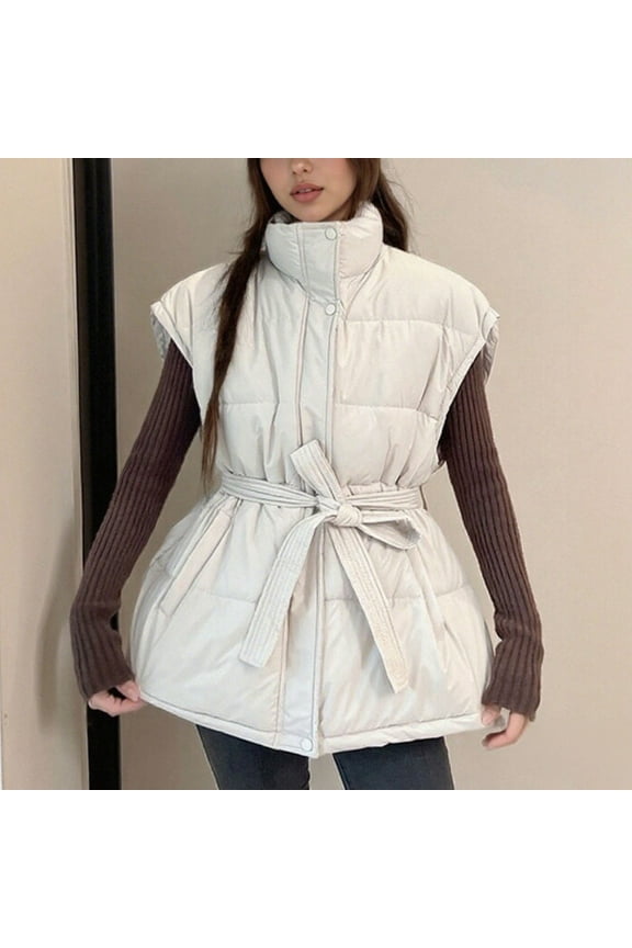 Womens Oversized Puffer Vest Stand Collar Full Zip Sleeveless Bubble Puffer Vest Quilted Padded Warm Coat Outwear with Belt