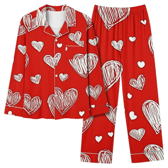Hvyesh Womens Pajamas Love Heart Print Pajama Sets Casual Long Sleeve Button Down Shirt and Pants Pjs Set Soft 2 Piece Loungewear Suit for Women Gifts for Valentine's Day