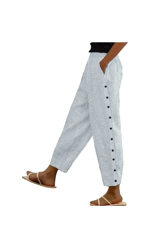 Womens Plus Size Cotton Linen Pants Elastic Waist Casual Pants Solid Color Lounge Pants Loose Cozy Beach Pants